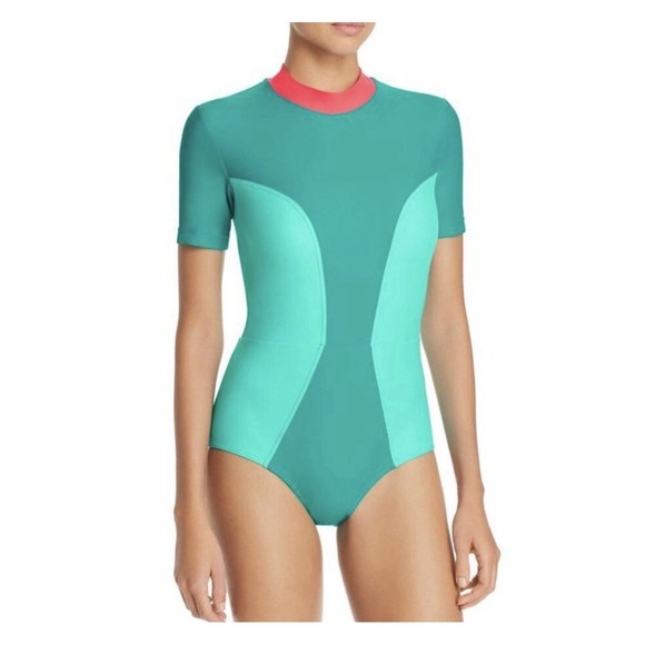 Chromat Womens Colorblock Short Sleeve One Piece Swimsuit Teal Pink 1X - Picture 5 of 8
